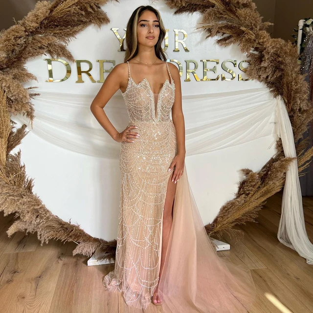 Luxury Nude Spaghetti Straps Mermaid Arabic Long Evening Dress with High Slit Overskirt for Wedding Party Gown 311 1