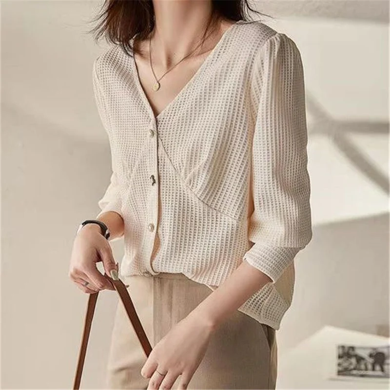 Women's Elegant Fashion V-neck Chic Sweet Buttons Cardigan Coat Spring Autumn Casual Street Solid Long Sleeve Slim Tops Clothing