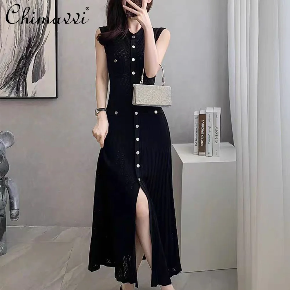 

Summer 2024 New French Single-Breasted Knitted Dress Women's Fashion Round Neck Slim Fit Sleeveless Elegant Commuter Long Dress