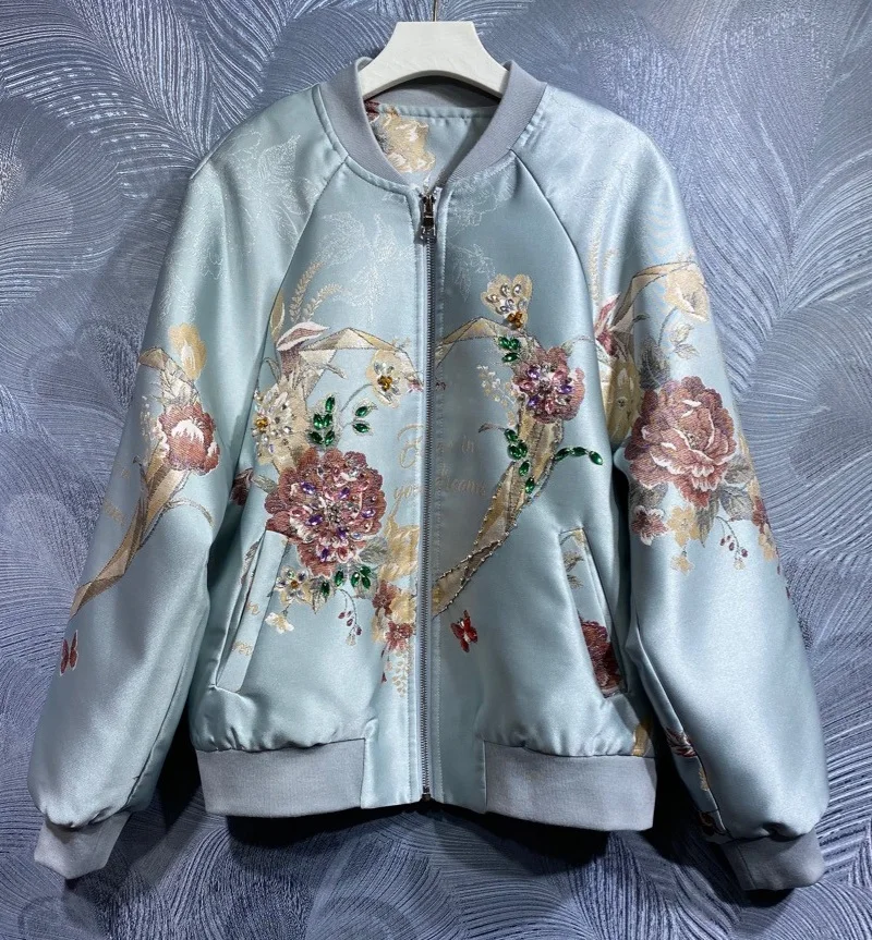 

New 2024 Spring Fashion Jackets High Quality Women Vintage Jacquard Prints Beading Deco Long Sleeve Casual Blue Zip Coat Outwear