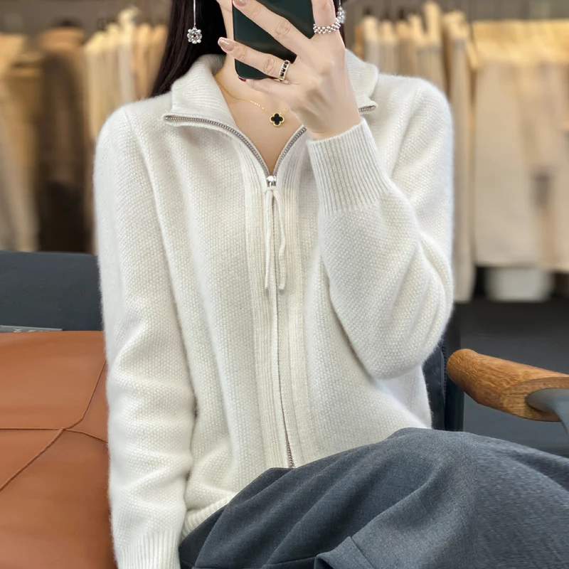 100% Merino wool sweater Autumn winter new women's lapel double zipper shirt fashion solid color knitted warm base shirt top 4