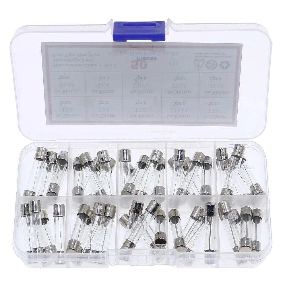 6x30mm 슬로우 블로우 유리관 퓨즈 모듬 박스 키트 50 개, T1A 2A 3A 3.15A 5A 6.3A 8A 10A 12A 15A