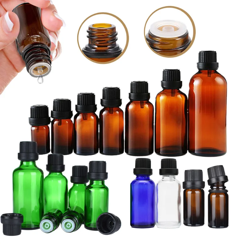 Refillable Amber Glass Bottles for Essential Oils - Set of 6 with Droppers and Caps