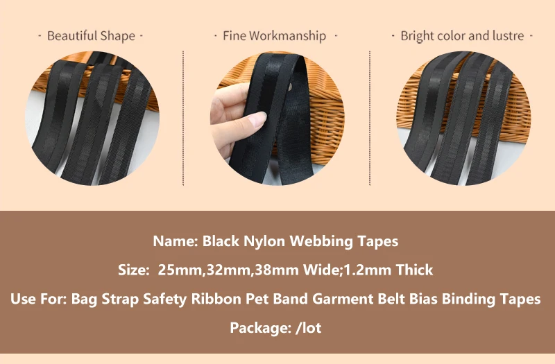 Description Picture 4 of item1-5M 25/32/38mm Nylon Webbing 1.2mm Thick Black Car Seat Belt Backpack Strap Sling Band Sewing Braid Binding Trim Hand Accessory