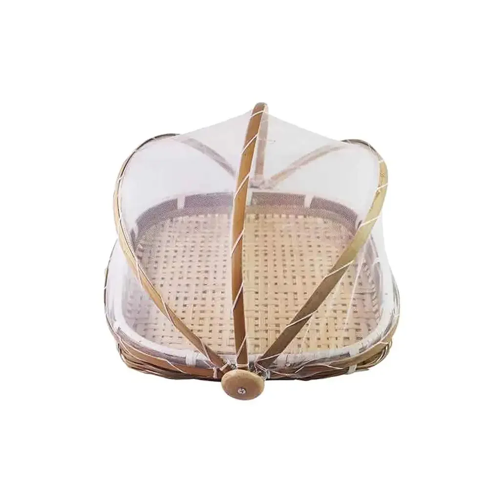 Hand-Woven Bamboo Food Serving Tent Basket Tray Fruit Vegetable Bread Storage Basket Kitchen Outdoor Picnic Mesh Net Cover