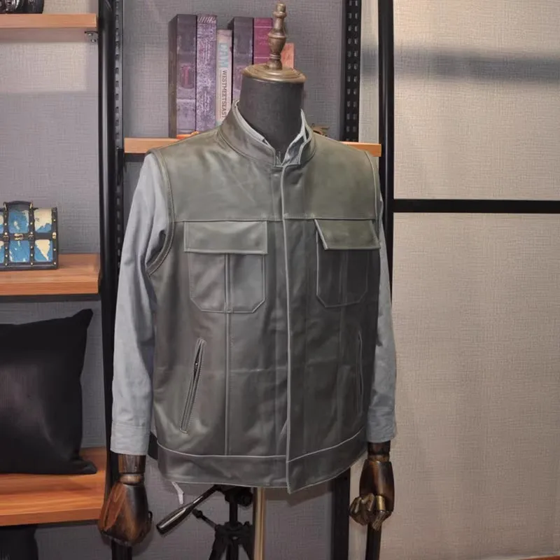 SOA Cowhide Vest Motorcycle Suit Tank Top Sleeveless Jackets Gray Waistcoat