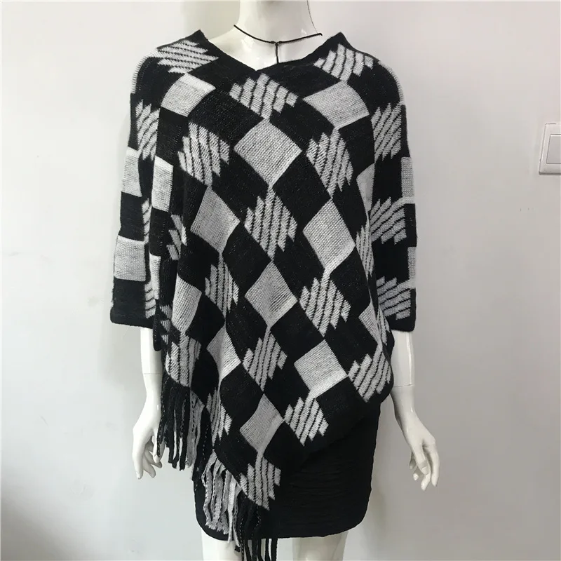 

Spring Autumn New National Style Cloak Air Conditioning Shawl Imitation Cashmere Scarf Female Plaid Lady Cloak Black