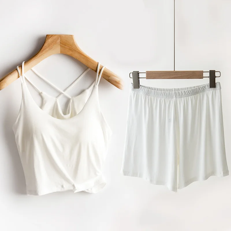 Sexy Bra Sling T-Shirt Shorts Set New Modal Comfortable Nightwear Chest Pad Pajamas For Women Conjuntos De Pijama Home Suit