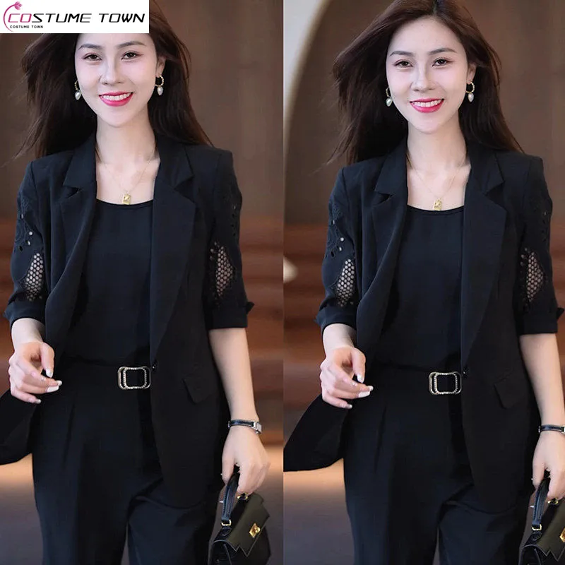 Spring/Summer New Korean Edition Suit High End Design Feeling Hollow Out Set Slim Fit Stylish and Elegant Three Piece Set