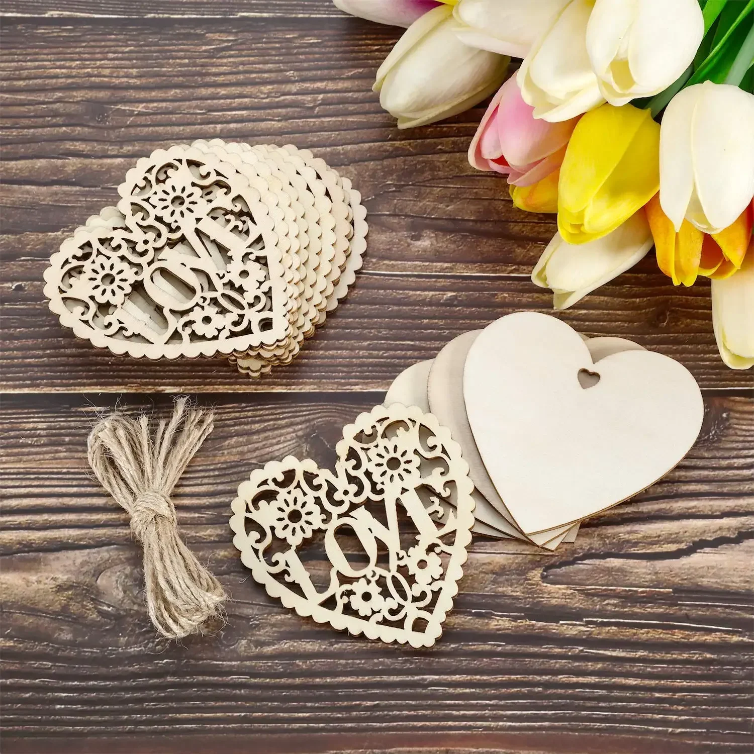 WYRGQIQN 100 Cuori in Legno - Decorazioni Creative a Forma di Cuore per Matrimoni, Fai da Te e Centrotavola per Matrimoni, Natale, Compleanni Battesimi, San Valentino - Dischetti in Legno Cuorosi 53mm
