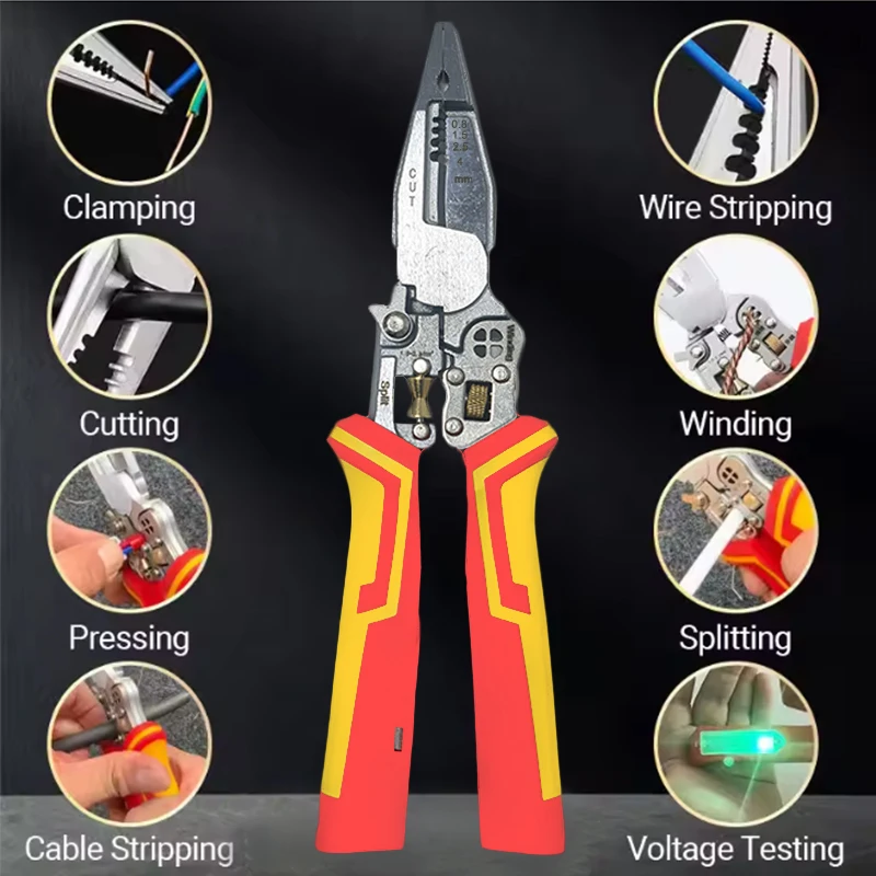 Versatile 9-In-1 Electrical Stripping and Crimping Tool with Voltage Tester