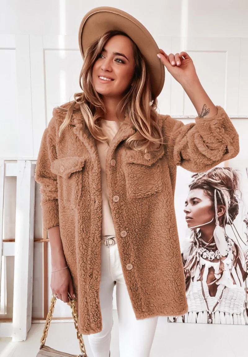 Pure Color Warm Faux Fur Pocket Lamb Wool Single-breasted Temperament Jacket Women Autumn and Winter Street Style New Jacket