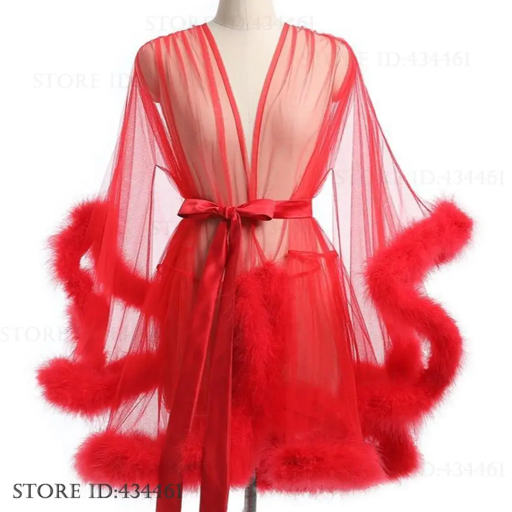 Sexy Feather Robe Large Size Seductive Mesh Perspective Kimono Bathrobe ...