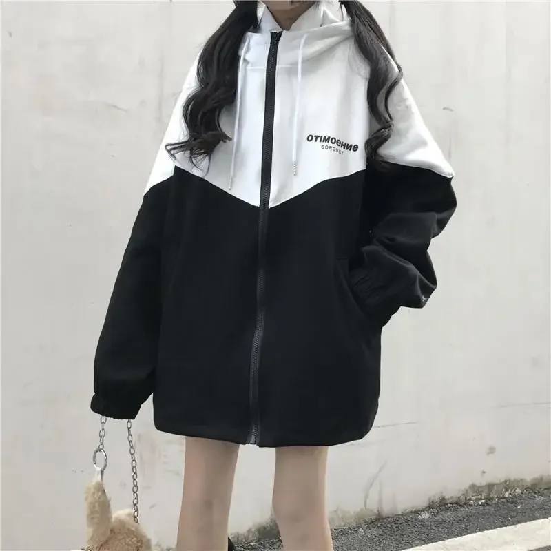 Fashion Zipper Hooded Jacket Women Oversized Varsity Jackets Japanese Female College Coats Korean Streetwear