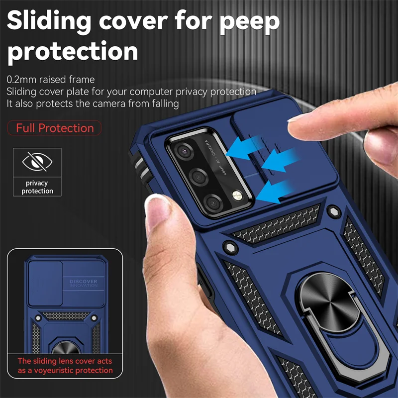 Shockproof Armor Case with Slide Camera Lens Protector and Magnetic Holder Ring Back Cover