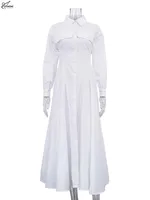 Oymimi Elegant White Lapel Women's Dress Fashion Three Quarter Sleeve Pockets Dresses Casual Button Pleated Ankle-Length Dresses - Image 5