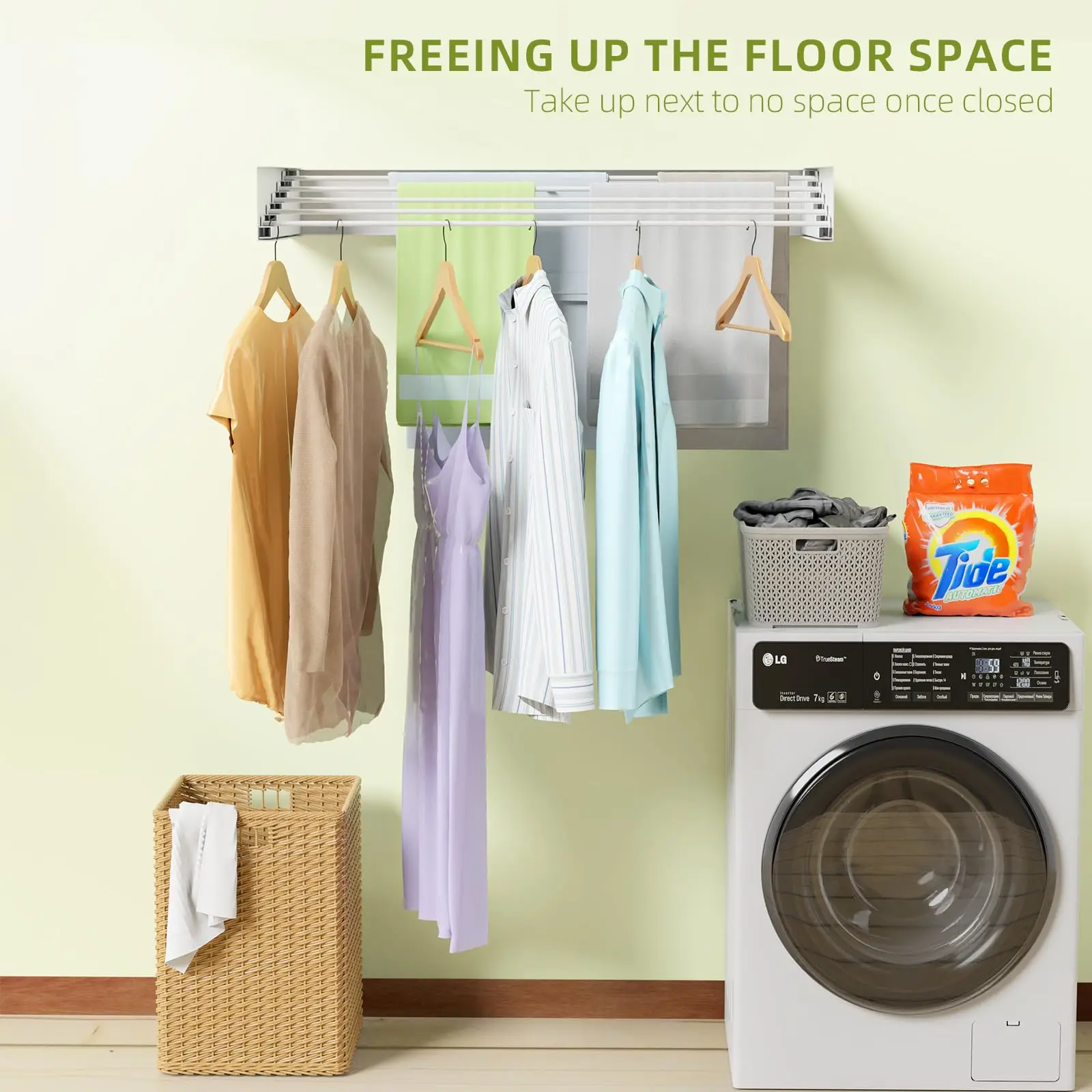 Laundry Drying Rack Collapsible Wall Mounted Clothes Drying Rack Length 80cm&1meter 5 Aluminum Rods, 60lb Capacity Laundry Racks 6