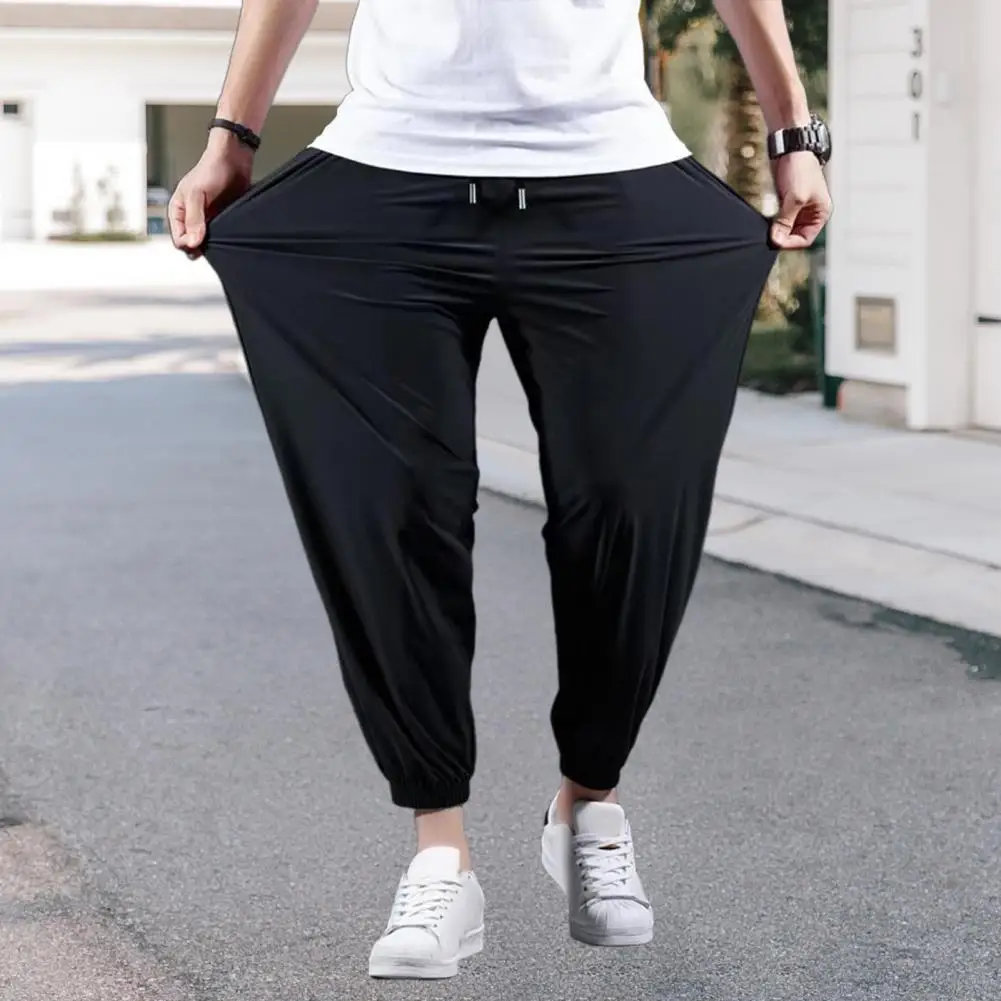 Summer Quick-drying Ice Silk Casual Pants Men's Ultra-thin Elastic Nine-point Pants Loose Drape Solid Beam Feet Pants