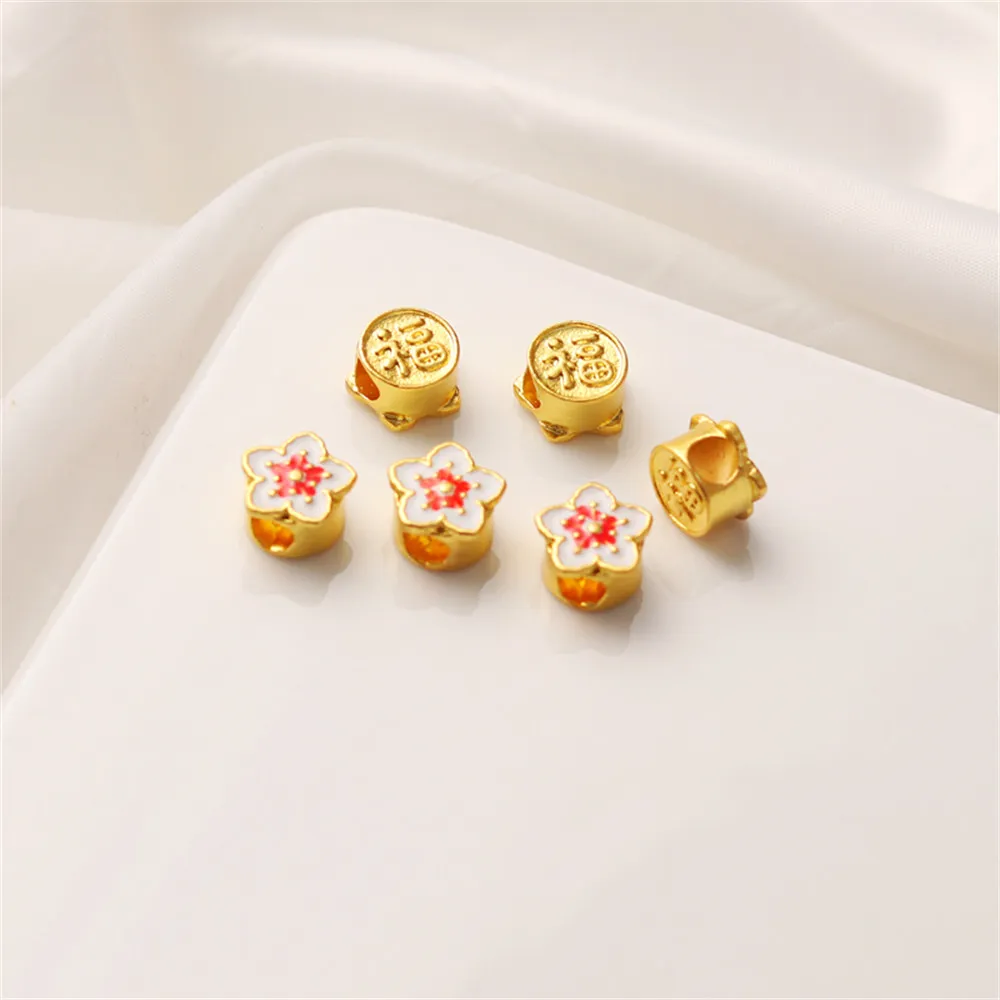 

18K Matte Gold Large Hole Drop Oil Peach Blossom Lucky Character Bead Separated DIY Bracelet Necklace Accessories