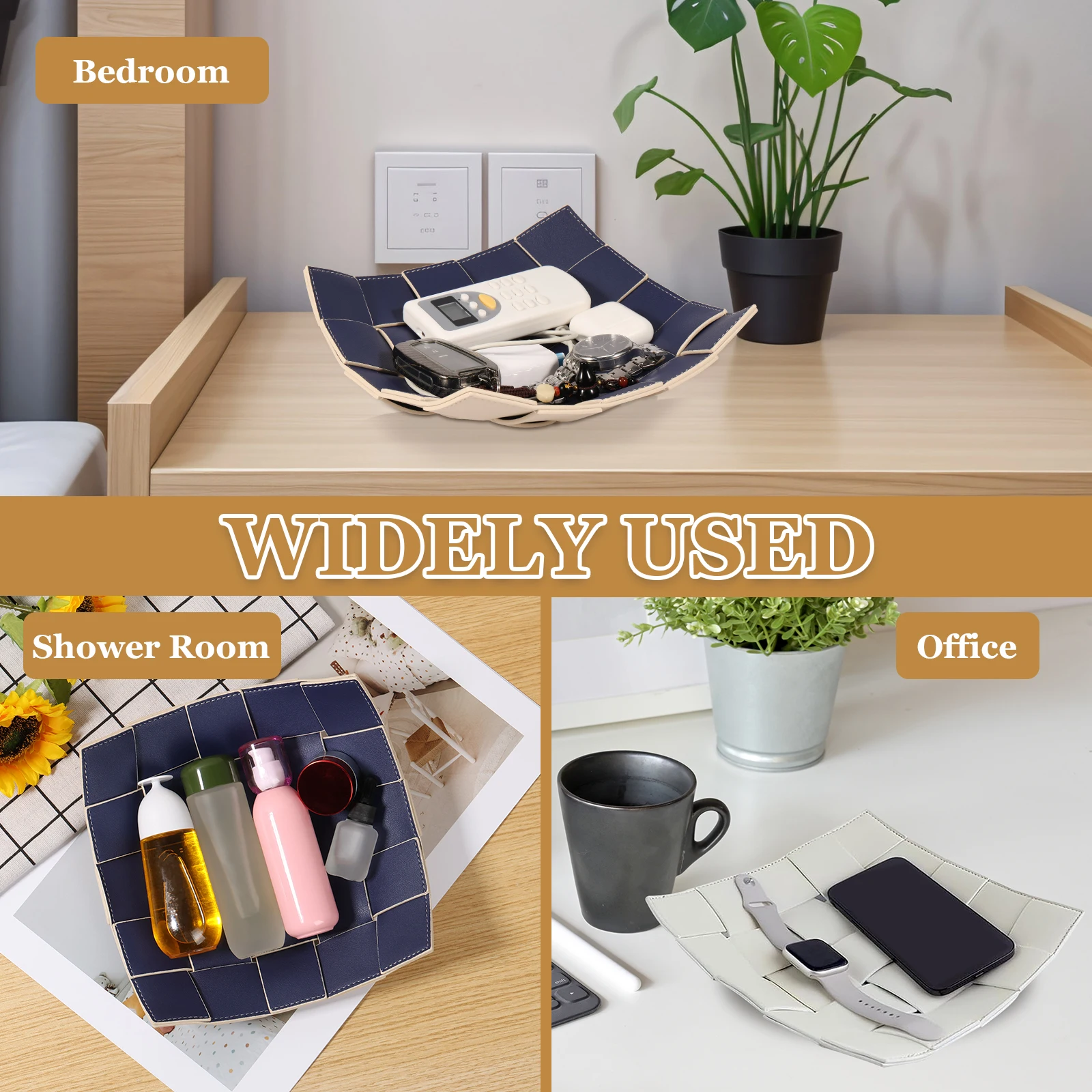 2 Pcs Valet Tray PU Leather Key Bowl Reversible Phone Wallet Coin Desktop Storage Tray Organizer Square Weave Nightstand