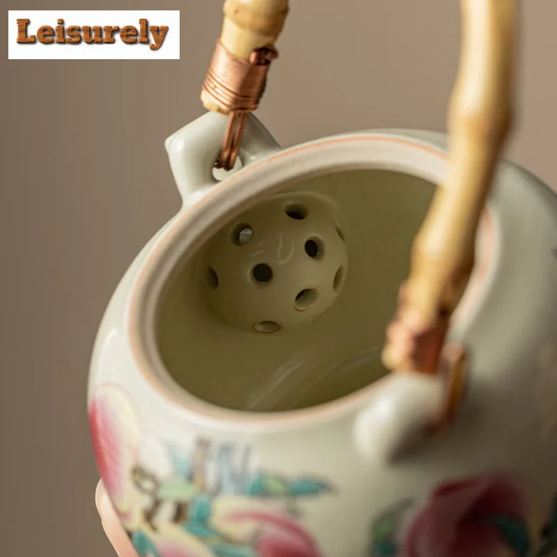 210ml Antique Ru Kiln Teapot Elegant Nine Peach Bamboo Handle Beam Pot Tea Soaking Kettle Chinese Tea Set Supplies Decoration