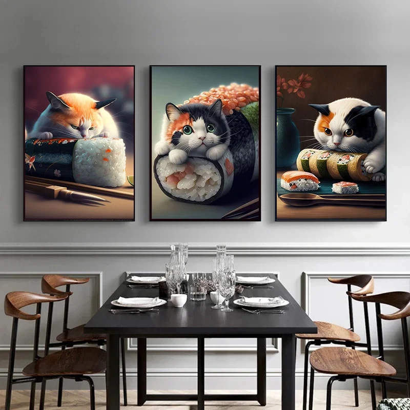 Japanese Salmon Sushi Canvas Wall Art - Cute Aesthetic Poster for Kitchen and Home Decor