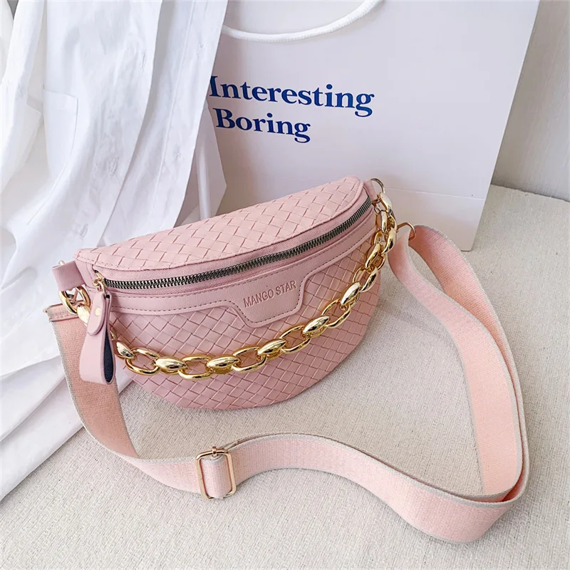 Knitted Pu Leather Waist Bags For Women Weaving Design Fanny Pack Thick Chain Female Waist Pack