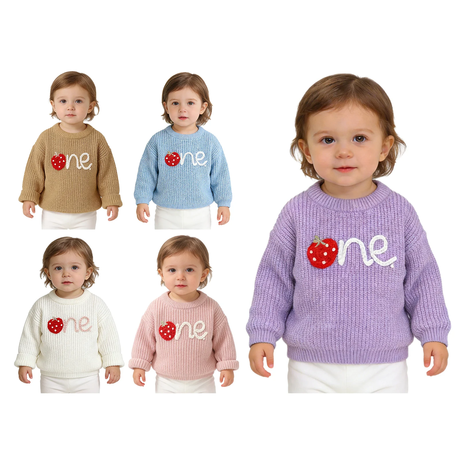 소년 소녀 1 생일 스웨터 긴 소매 딸기 자수 니트 탑 가을 겨울 옷 케이크 스매쉬 사진 촬영