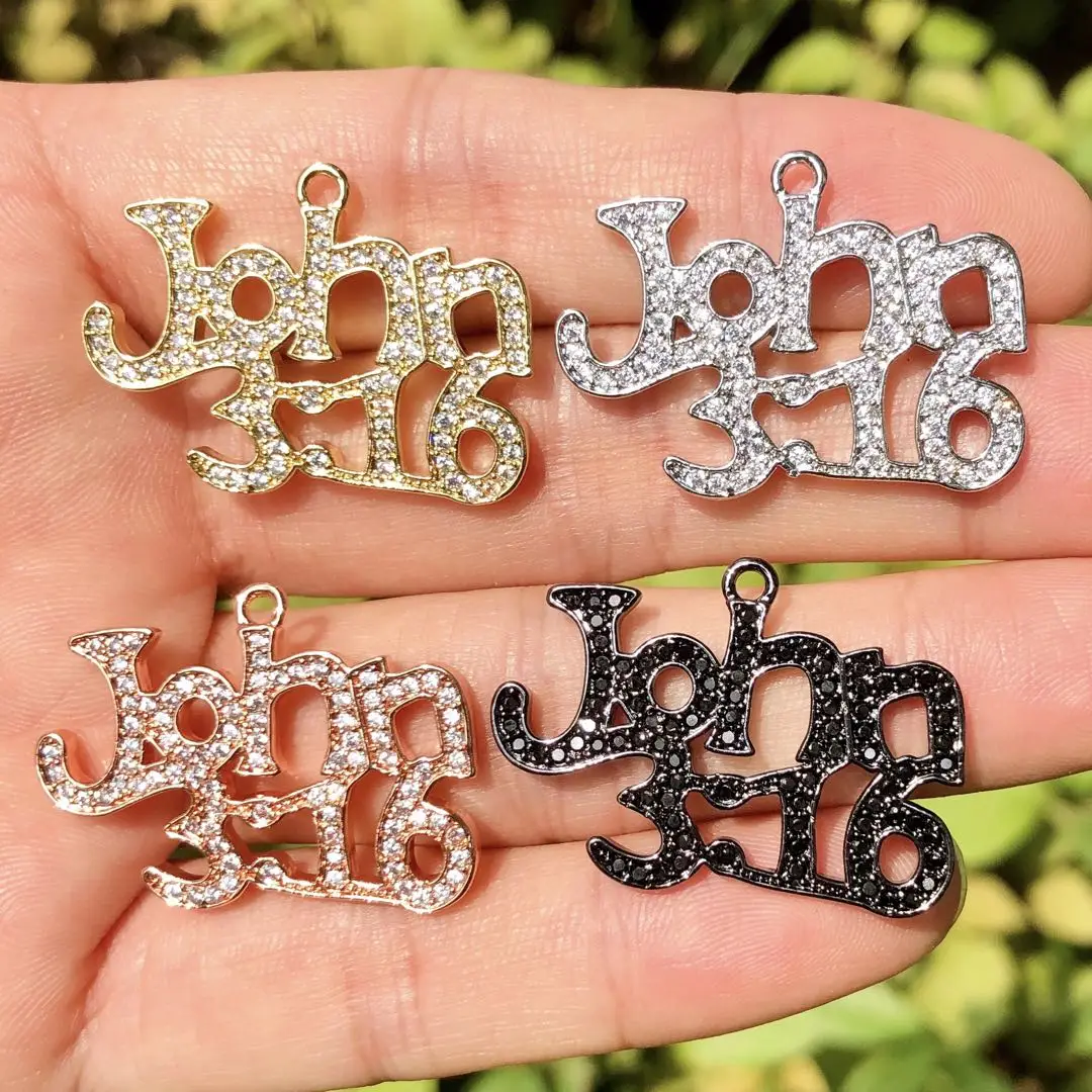 5 Pcs Metal John 3:16 Word Charms Cubic Zirconia Pave Bracelet Pendant For Woman Necklace Bangle Jewelry Making