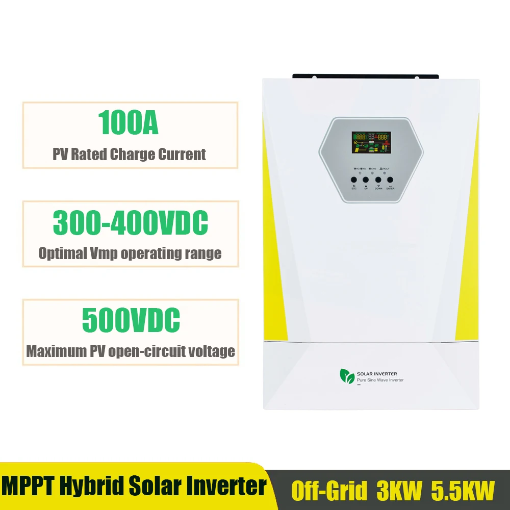 

3000W 5500W Hybrid Solar Inverter MPPT 100A Off-Grid On-Grid 24V 48V 220VAC PV 500Vdc 100A Charge Controller High Frequency