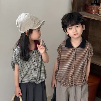 Polo per ragazzi e ragazze 2025 estate per bambini nuova maglietta a maniche corte a righe Mori top retrò estate 80-140 cm 1