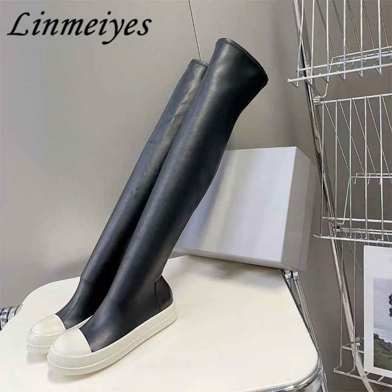 

Classics Black Knee High Punk Boots Woman Round toe Thick Sole Slip-On Long Boots Female Sexy Elastic Slim Chelsea Boots Women