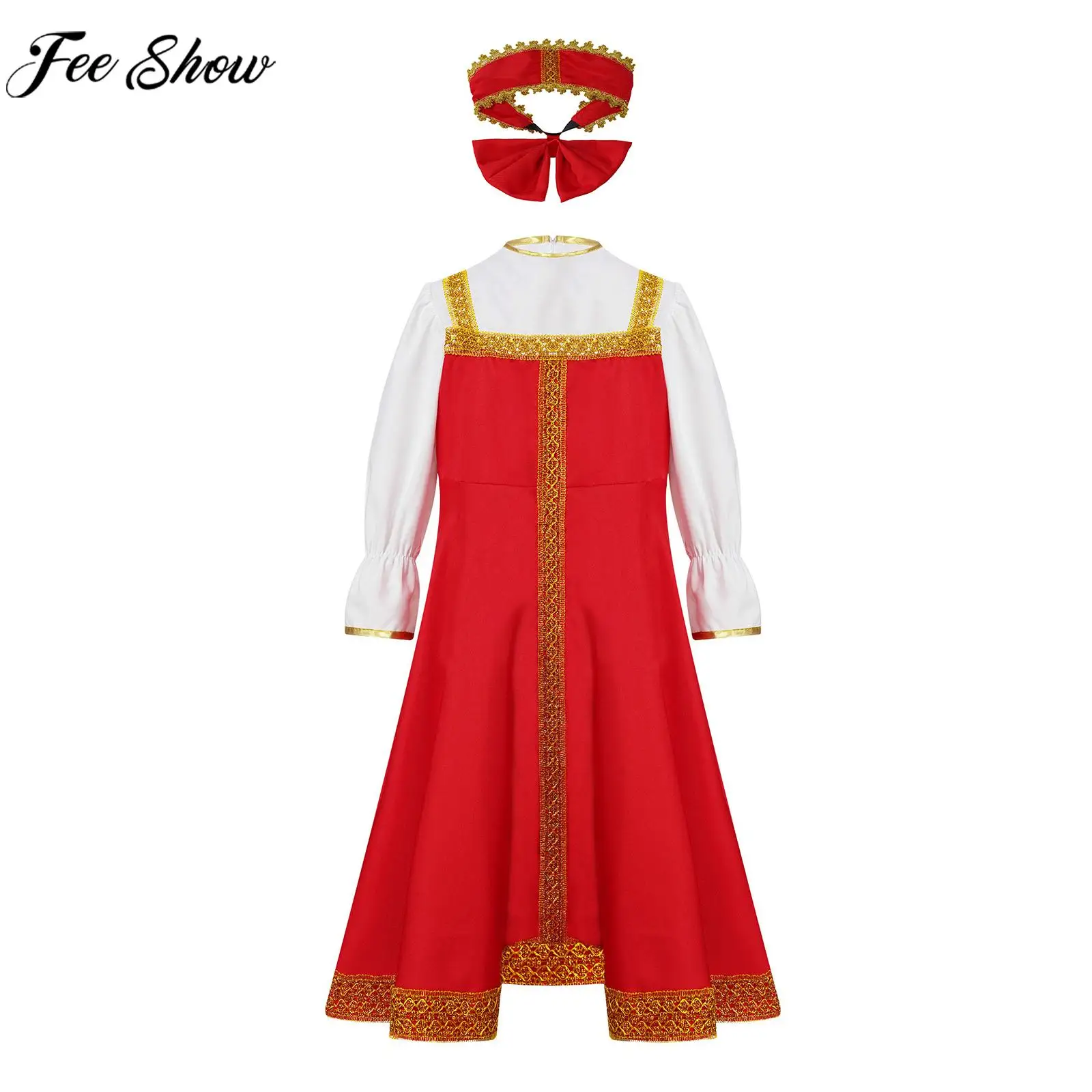 

Children Russian Girl Traditional National Dress with Headpiece Halloween Theme Party Festival Stage Performance Cosplay Costume