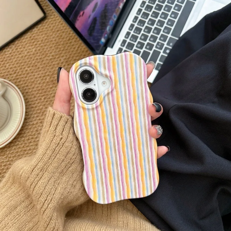 Fashionable Glossy Striped Phone Case with Wave Edge Design