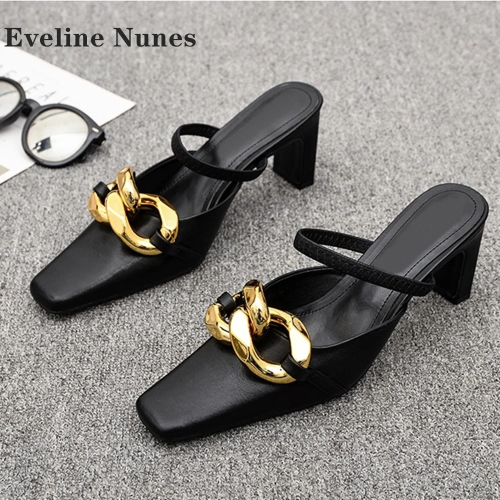 

Metal Decoration Chain Black Mules Square Toe Height Increasing Front Strap Side Air Women Slides Slip On Slingback Retro Pumps