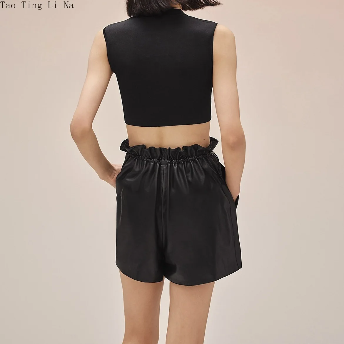 Tao Ting Li Na Autumn New Bud Drawstring Sheepskin Leather Shorts Elastic High Waist Wide Leg Shorts G14