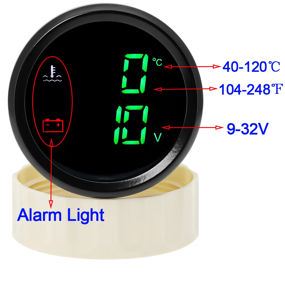 녹색 LED 듀얼 게이지, 수온 계량기 및 전압계, 보트 자동차 요트용 센서 포함, 2 in 1, 40-120 ℃, 104-248 ℉, 52mm, 12V, 24V 맞춤형