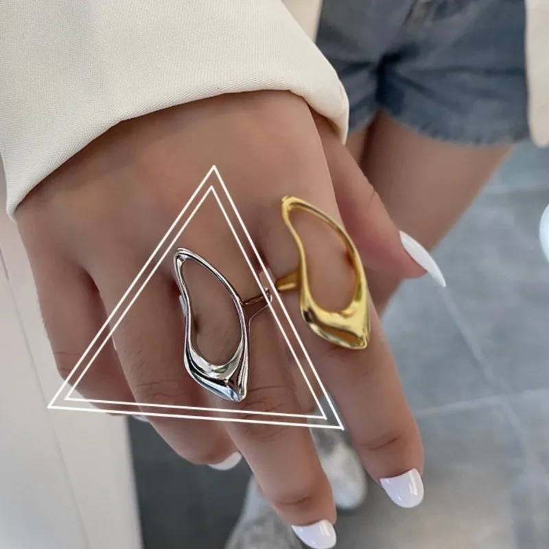 Hollow Teardrop Statement Ring for Women Girls Gold Plated Fashion Geometric Simple Adjustable Open Rings Party Holiday Jewelry