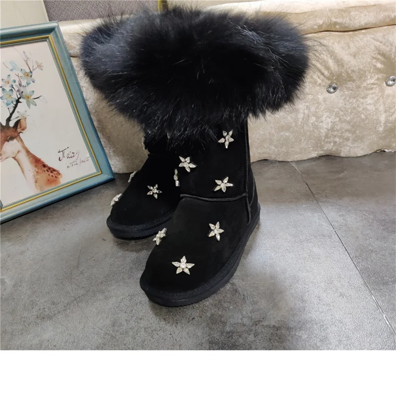 

Black fox hair boots Handcrafted winter plus fleece warm boots rhine-drill fur one-piece boots women's large size 35-44