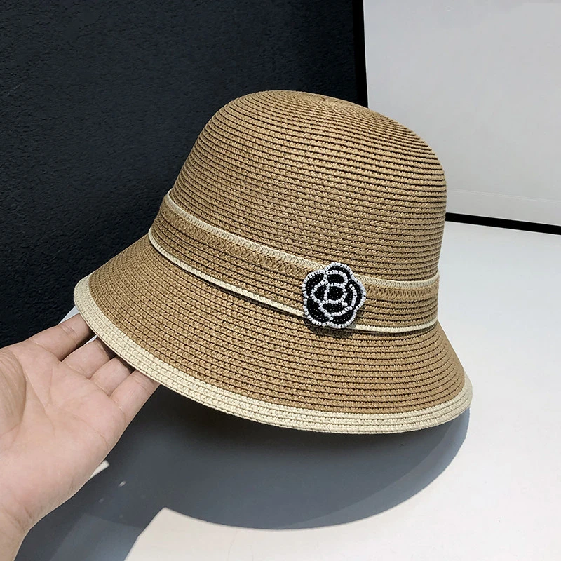Women's New Spring Summer Straw Camellia Bucket Hat Sunscreen Hat Elegant Floral Elegant Straw Travel Beach Panama Cap