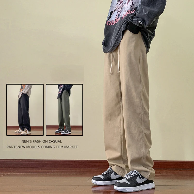 

2023 Spring Men's Pure Cotton Straight Loose Khaki Thin Casual Pants Korean Fashion Elastic Waist Soft Simple Trousers Male
