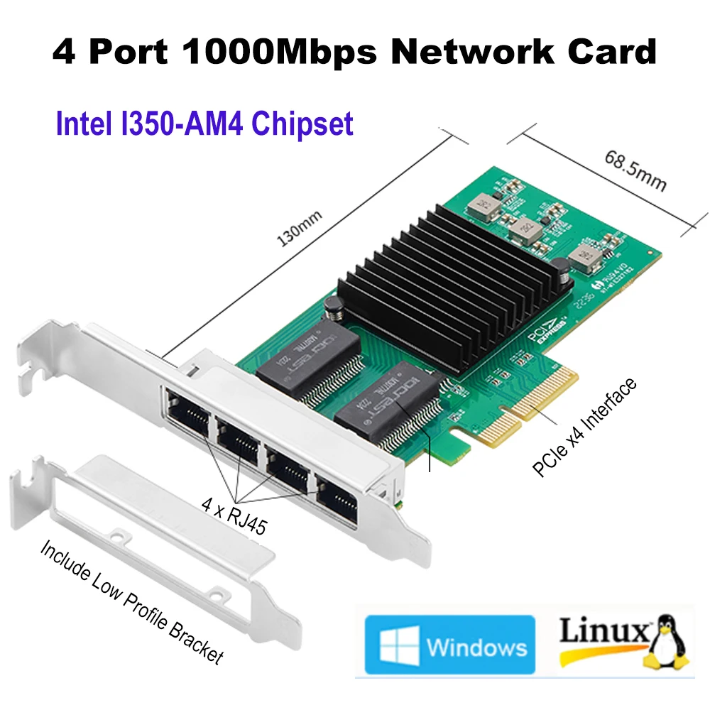 Intel-I350-AM4-Chip-4-Ports-PCI-e-x4-Gigabit-Ethernet-Network-Card-Quad ...