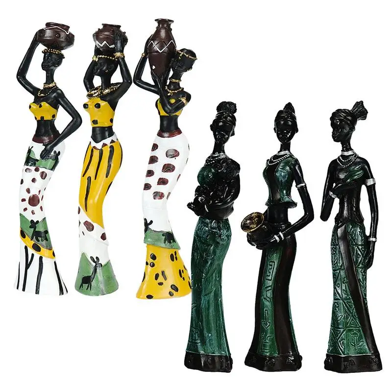 

3pcs Set African Statues Resin Black Women Figure Ornaments Hand Painted Tribal Dancing Lady Statue Sculpture Arts Home Decor
