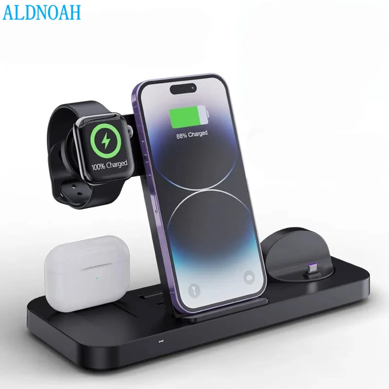 

6 in 1 Foldable Wireless Charger Station Stand For iPhone 14 13 12 11 Pro Apple Watch 8 7 6 Fast Mobile Phone Charging Dock