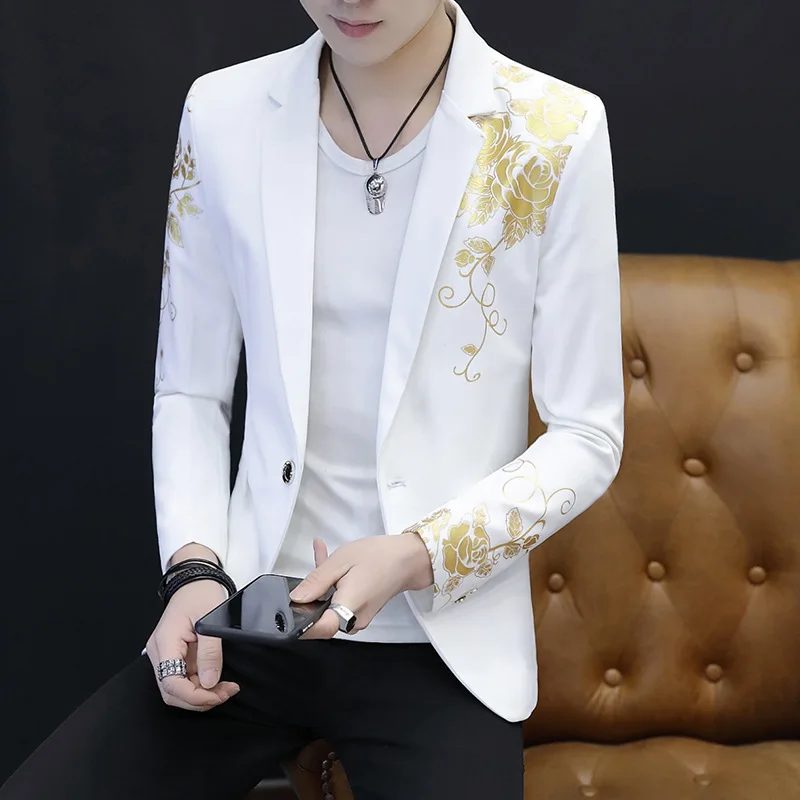 Gold Print Male Suit Jacket Autumn Fashion Black Purple Groom Wedding Dress Casual High-end Brand Handsome Young Men Blazer Coat