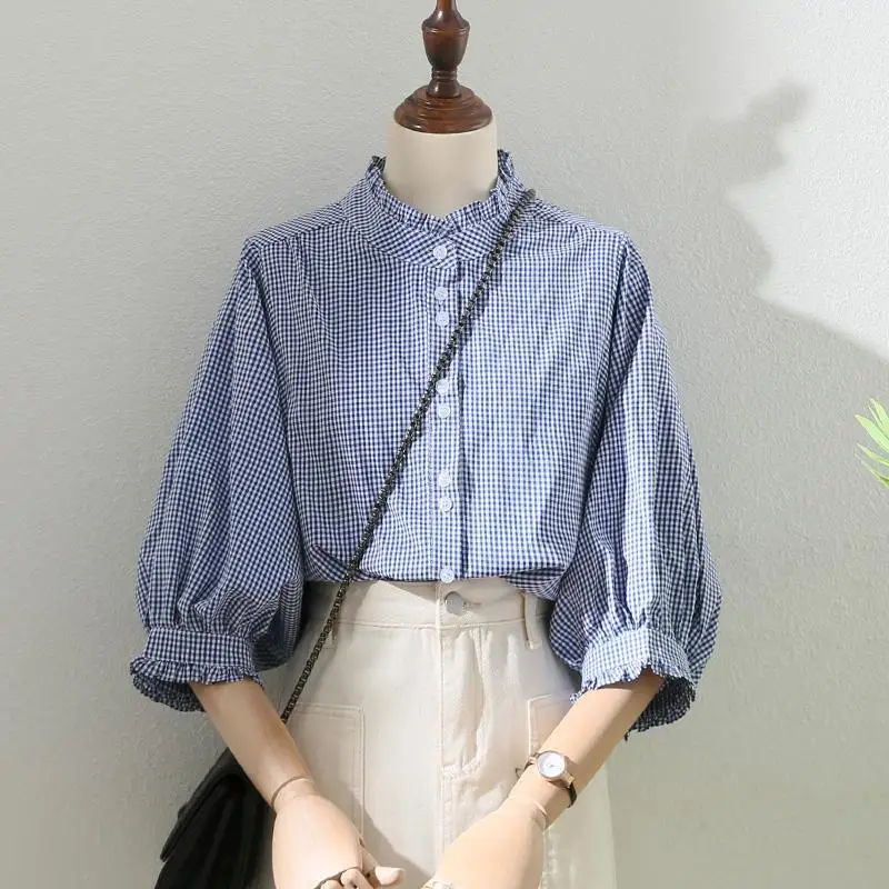 Women's Clothing Spring Summer 2023 Tops Vintage French Lantern Sleeve Elegant and Youth Woman Blouses Lace Blue Plaid Shirt the blue lantern