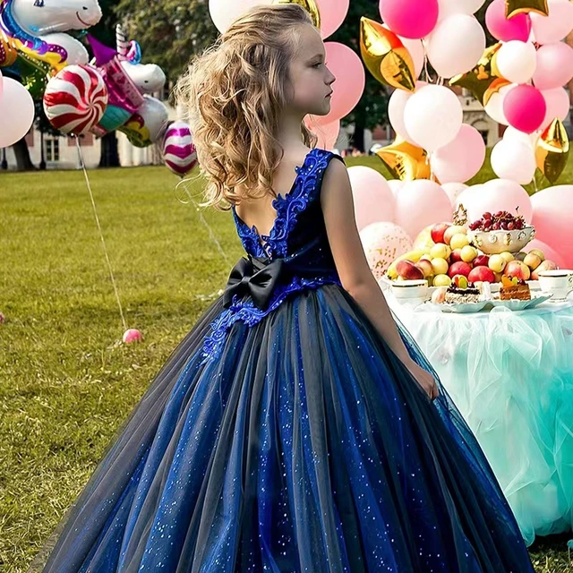 raya Traducción Desear Vestido azul profundo brillante de flores para niña, vestido elegante de  encaje de princesa para fiesta de cumpleaños para niños, lazo Simple,  vestido de primera comunión - AliExpress