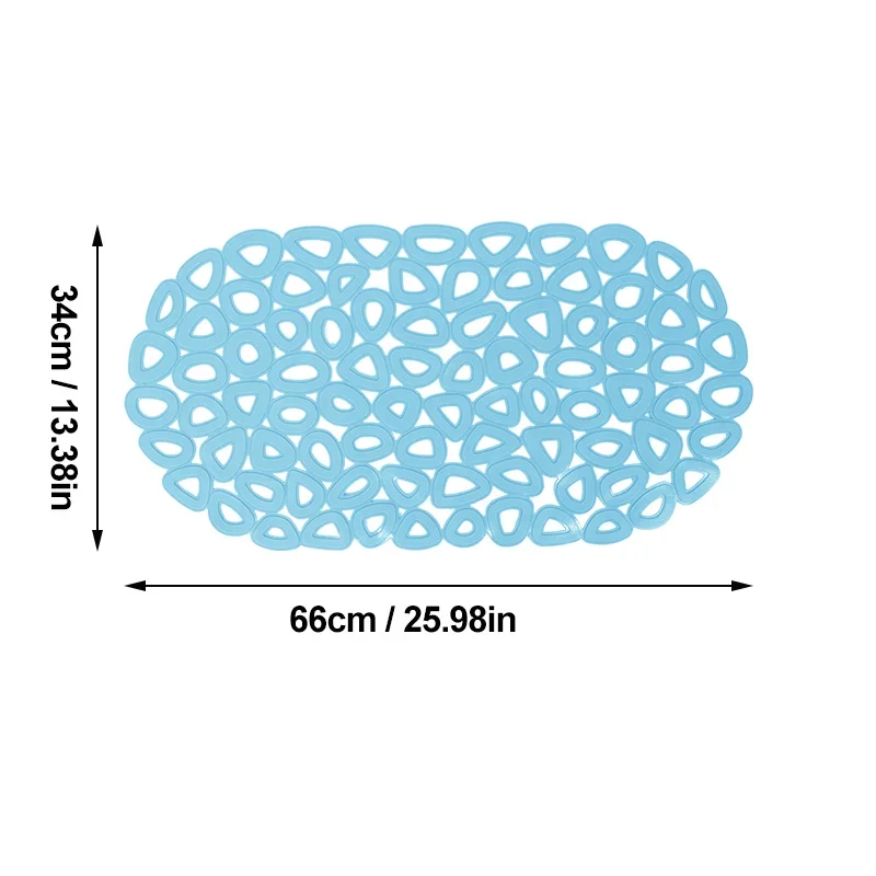 Blue oval bathroom mat with suction cups, drainage holes, and textured massage rings.