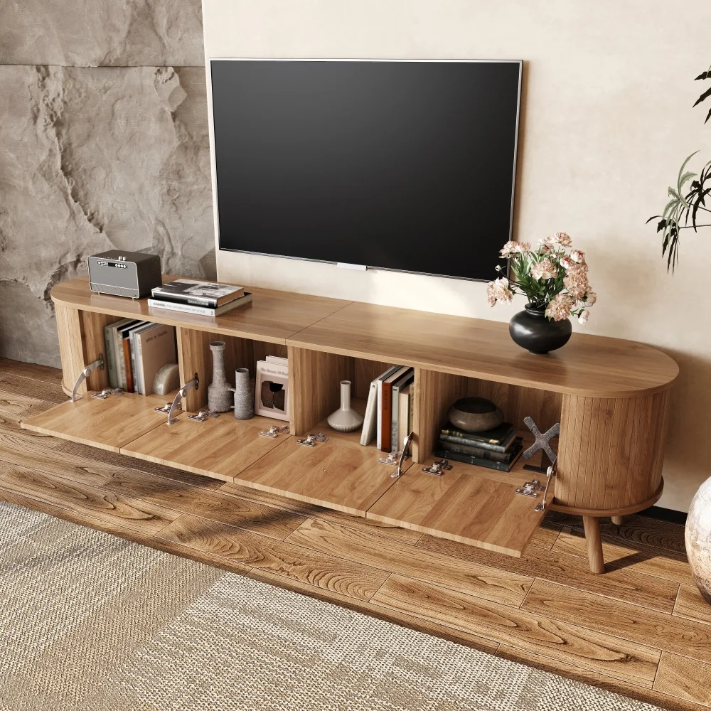 TV-Schrank aus Walnussholz mit 4 Schranktüren, Goldenen Griffen, Holzbeinen und TV-Panel in Einzigartigem Design – Detail 34