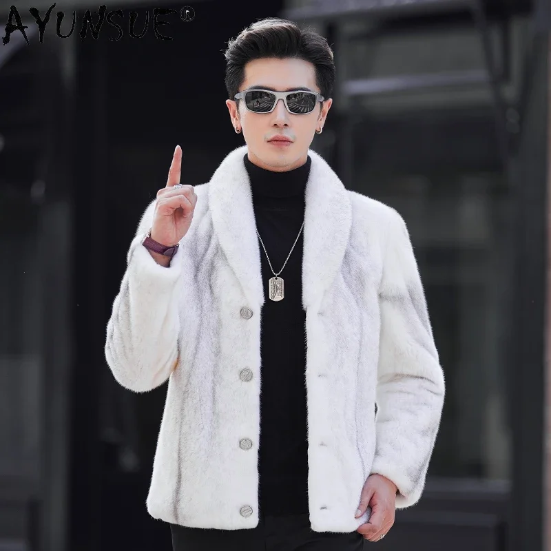 

AYUNSUE High Quality Cross Mink Fur Coat Men Clothing 2023 Winter Single-breasted Natural Fur Coats V-neck Chamarra De Hombre